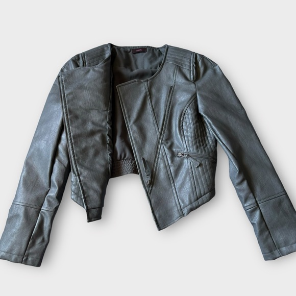 Asymmetrical Cropped Vegan Leather Moto Biker Jacket Grey Medium - Picture 5 of 16